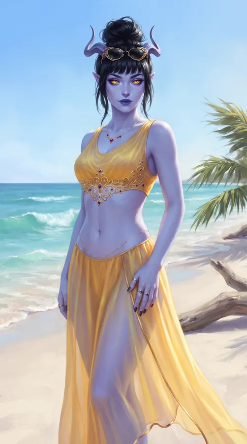 Leoly am Strand: Dutt, Sonnenbrille im Haar, Gold und Tansanit