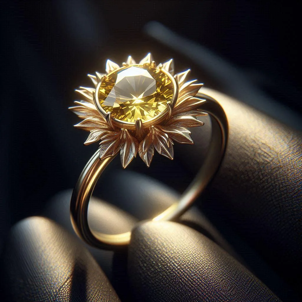 Der Ring des goldenen Erbes: zarte Goldschiene mit einem sonnengelben Diamanten in Blütenfassung