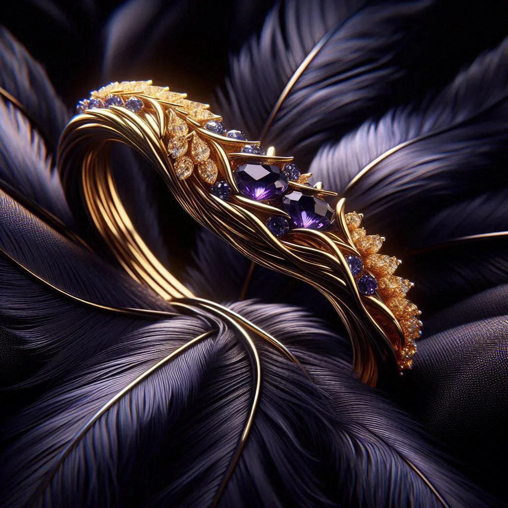 Der Ring des Sonnenbundes: zwei verschlungene Goldbänder, gelbe Diamanten und violette Tansanite, vor Rabenfedern
