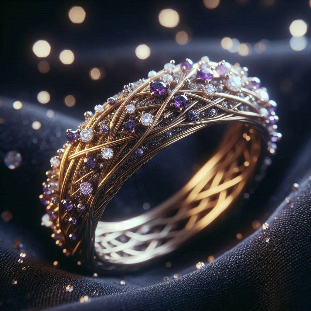 Der Ring der tausend Herzen: verwobene Goldfäden mit vielen kleinen Diamanten und Tansaniten