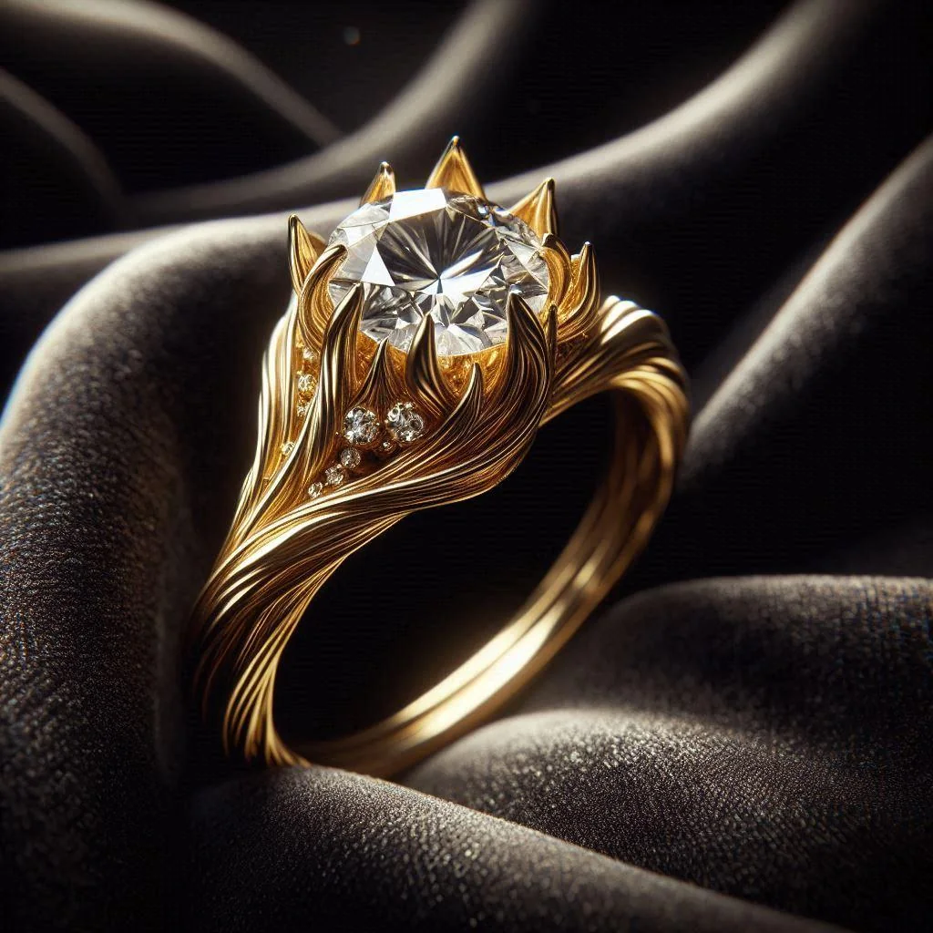 Der Ring des goldenen Glanzes: breite Goldschiene mit einem einzelnen Brillanten